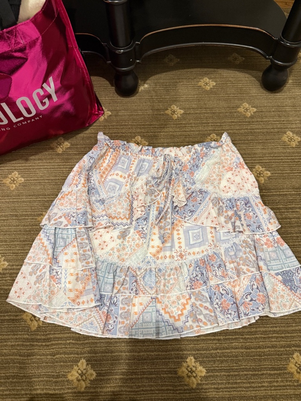 Tiered Patchwork Skirt in Soft Blue & Peach